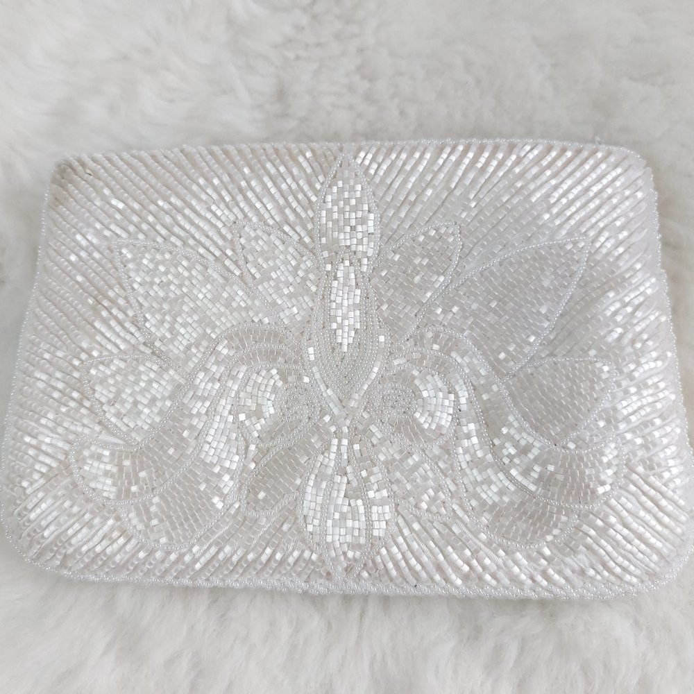 VTG Goldco Handmade White Retangle Shape Double Sides Beaded and Sequins Pouch